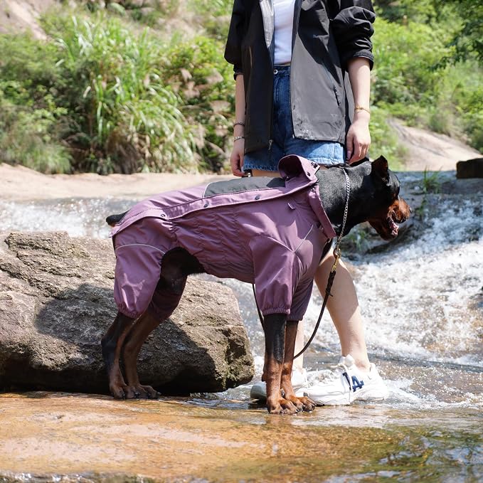 LOVELONGLONG Waterproof Dog Raincoat with Removable Hood – Outdoor Full Body Dog Jacket, Windproof Snowproof Shell Suit – All Season Pet Rain Gear Plum Purple 4XL