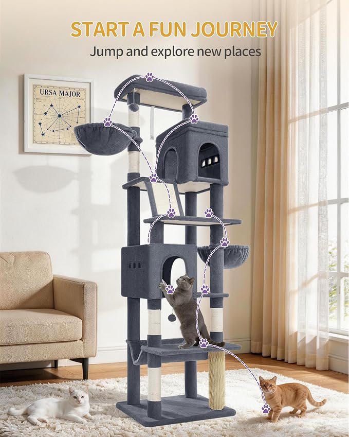 Hzuaneri Big Cat Tree, 75 Inch Tall Multi-Level Cat Tower, Indoor Larger Cat Condo Furniture with 5 Scratching Post, 2 Hanging Basket, 2 Condo, 2 Large Platform, Pet Play House, Dark Grey MS19018SG | Cat Condo Furniture with 5 Scratching Post, 2 Hangin...