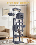 Hzuaneri Big Cat Tree, 75 Inch Tall Multi-Level Cat Tower, Indoor Larger Cat Condo Furniture with 5 Scratching Post, 2 Hanging Basket, 2 Condo, 2 Large Platform, Pet Play House, Dark Grey MS19018SG | Cat Condo Furniture with 5 Scratching Post, 2 Hangin...