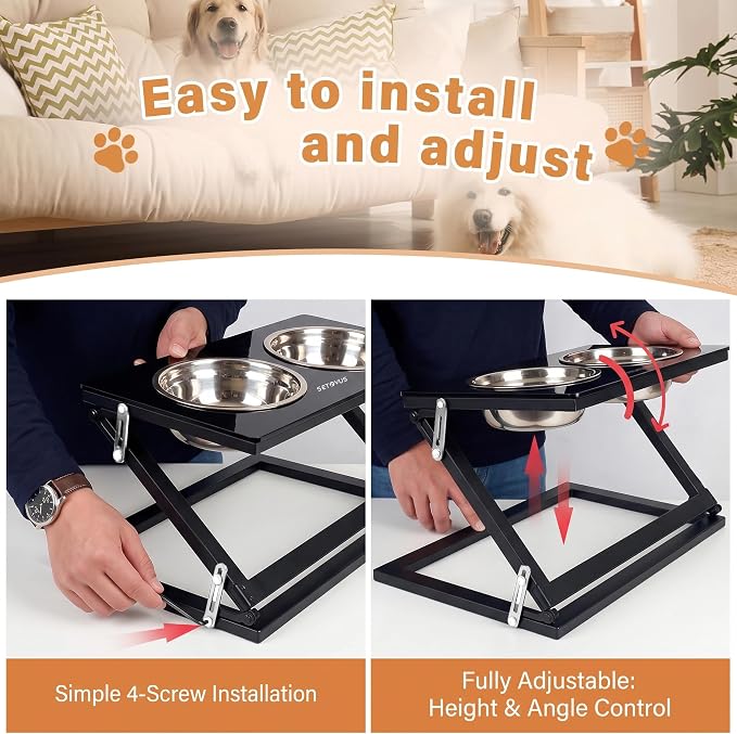 Elevated Dog Bowl, Adjustable Height and Tilt Angle Dog Bowl Stand | Precisely Adjust Height And Tilt Angle, Easy To Clean, Equipped With 2 Stainless Steel Food Bowls, Sturdy And Durable.