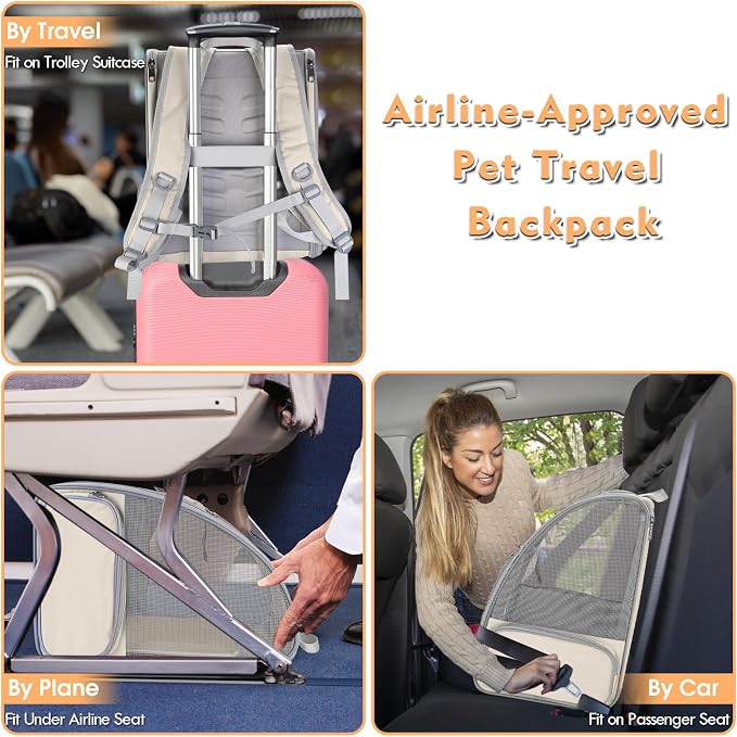 Cat Backpack Carrier, Large Pet Carrier Backpack with Kitten Wand Feather Toy for Medium Small Dog Cat Puppy Kitty Bunny up to 15lbs, Ventilated Mesh Kitten Bookbag for Travel Walking Outdoor (Beige)