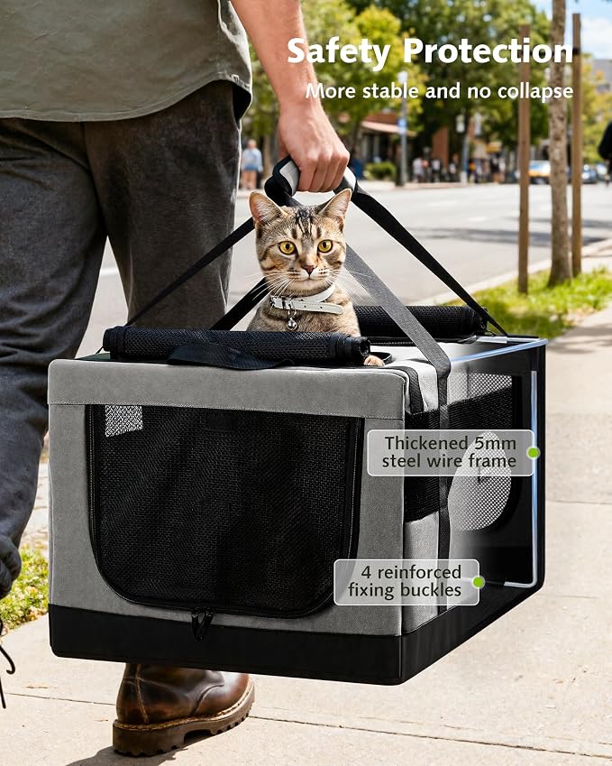 Pecute Cat Carrier, Soft Double Pet Crate for 2 Cats Travel, Gray | Anti-Collapse Steel Frame, Convertible Dual Space, Foldable, Polyester Breathable mesh, Up to 26 lbs, Car Travel & Vet Visits