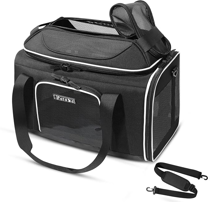 Petskd Top-Expandable Small Pet Carrier 18"x11"x11" Airline Approved | for Delta/American/United Airlines, Lockable Safety Zippers and Anti-Scratch Mesh, Soft-Sided, Pets Under 10 Lbs, Black