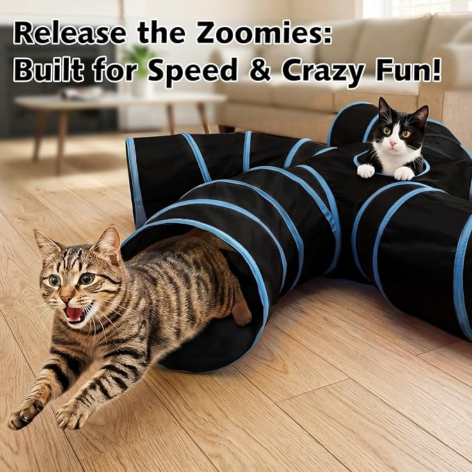 Joytale Cat Tunnel for Multiple Cats, 5-Way Indoor Tube Toy to Chase & Hide | Bell ball & Toy Mouse Included; Peekaboo Hole; Pops Open & Folds Into Zip Bag; Fits Cats to ~12 lb; Kittens & Rabbits Too