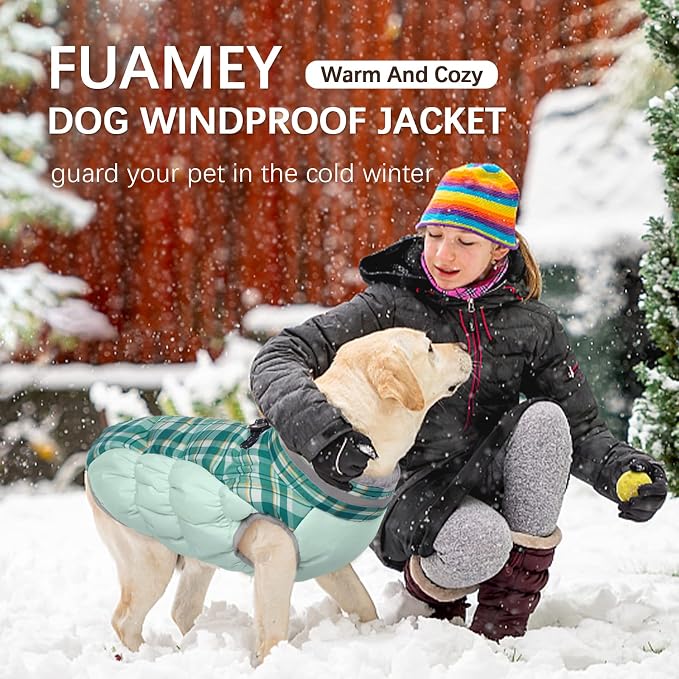 FUAMEY Dog Jacket for Large Dogs Warm Dog Jackets with Harness Built in | Dog Winter Jacket Cold Weather Snow Puppy Vest Water-Resistant Zip up Dog Fleece Jackets High Visibility Green Plaid XL