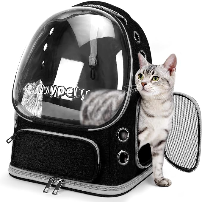 Cawypety Cat Backpack Carrier Large Space Bubble Backpack up to 12lbs Black | Breathable Mesh, Safety Leash, Sturdy, Transparent & Foldable Pet Carrier for Travel Hiking, Pet Backpack for Kitty Small Dog