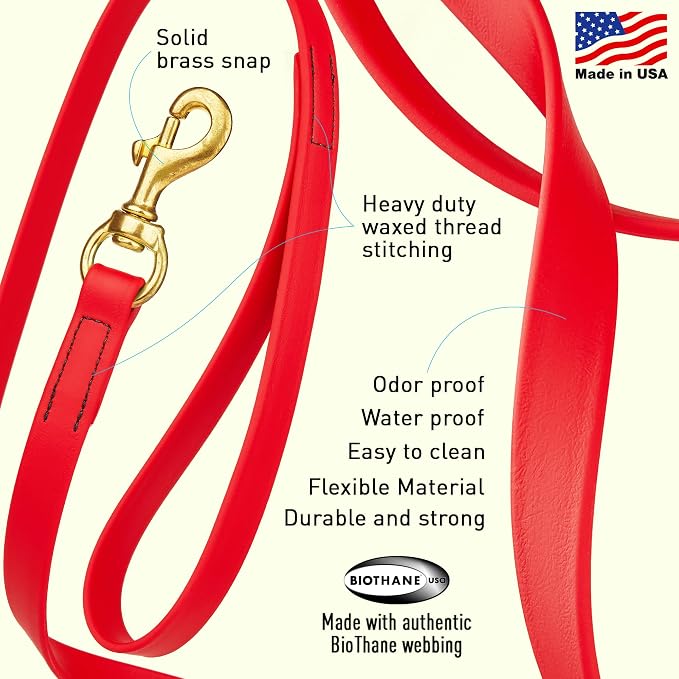 Viper Biothane K9 Working Dog Leash Waterproof Lead for Tracking Training Schutzhund Odor-Proof Long Line with Solid Brass Snap for Puppy Medium and Large Dogs, 15ft Cherry Red