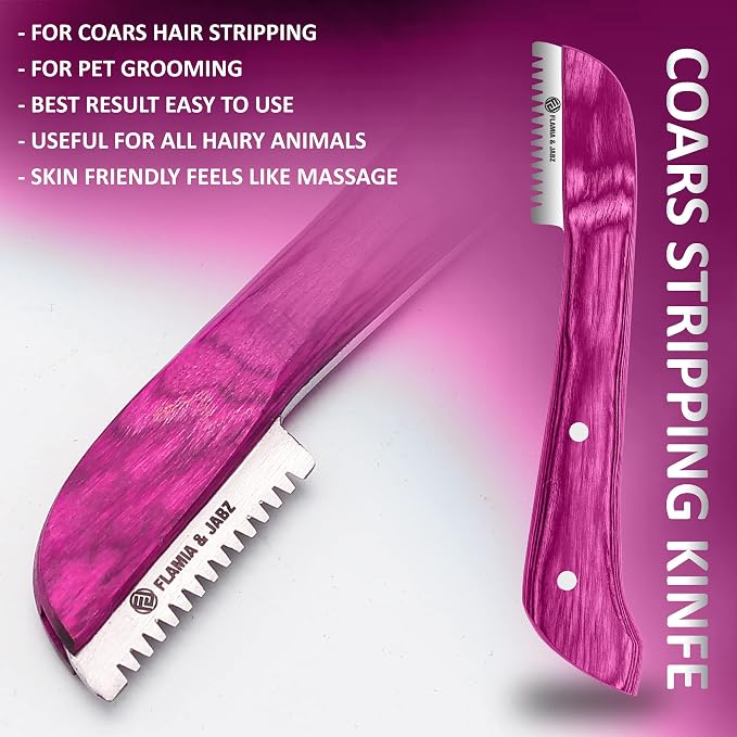 FLAMIA & JABZ FJ Professional Stripping Knife kit (6 pieces set) for Dogs & Pets, Wooden Handle Grip with Stainless Steel Blade (Right handed) (Pink)