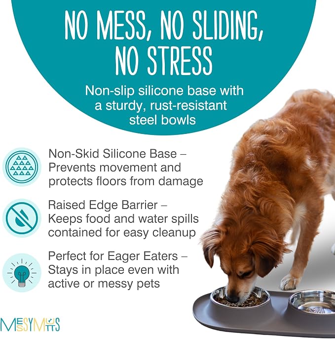 Messy Mutts Double Silicone Dog Feeder, Stainless Bowls, Large, Grey | Non-Slip Silicone Double Dog Feeder With Two Removable Stainless Steel Bowls For Food And Water
