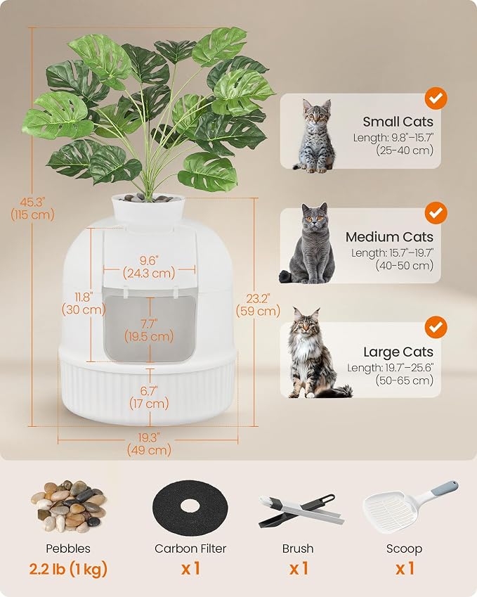 Feandrea Plant Cat Litter Box Enclosure with Artificial Plant, Enclosed Hidden Litter Box Furniture with Door, Carbon Filter, Odor Control, Pebbles, Scoop, Brush, Cloud White UPPT006W101