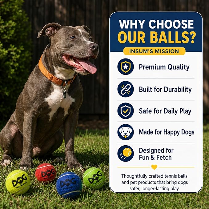 INSUM Squeaky Tennis Balls for Dogs, 12 Pack 2.5'' Medium Dog Toys Balls | Durable Non-Toxic Outdoor Dog Toys Balls with Mesh Bag, SGS Certified, Colorful Fetch Toys, Medium Large Breeds Squeaky