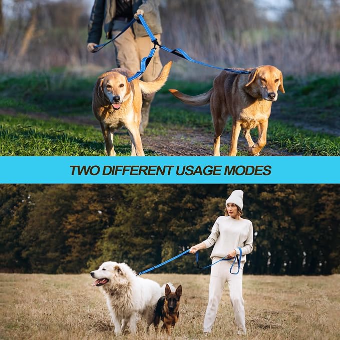 PetBonus Double Dog Leash, No Tangle Dual Leash, Walking Training Lead | 4 Comfortable Padded Handles, Adjustable, Reflective, For Two Large Medium Dogs, Collapsible Bowl and Waste Bags, Light Blue