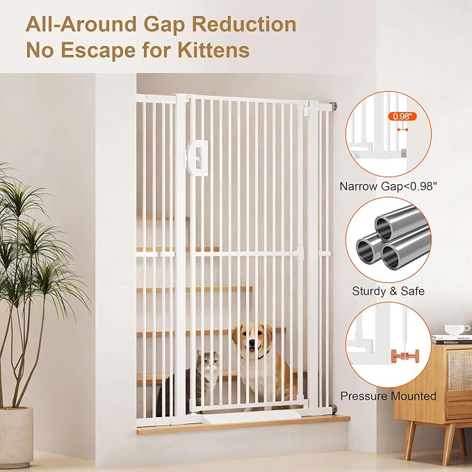 Jekriuet 57" Extra Tall Pet Gate, 27.5"-38.5" Wide, White | Dog Cat Gate for Doorways Hallways Stairs,Pressure Mounted 1.18" Ultra Narrow Gap No Drilling One-Handed Auto-Close