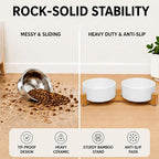 SPUNKYJUNKY Ceramic Dog and Cat Bowl Set with Wooden Stand, Modern Cute Weighted Food Water Bowl Set for Medium to Large Size Dogs (42 OZ, 2 × White)