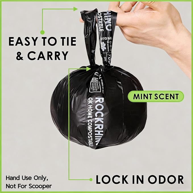 Ultra Thick RockRhino Dog Poop Bags, Multi-Layer Bottom, Opaque Odor-Proof | Easy Open Tie Handles | Certified Compostable Plastic Free | 210 Heavy Duty Bags, Mint Scent, Fits Holder, No Scooper Needed