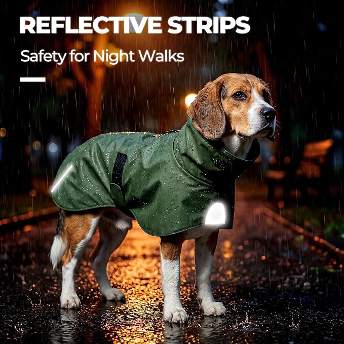 PU Dog Raincoat, Non-Toxic & Odorless Waterproof Vest, Adjustable High Neck and Hook & Loop Belly Closure for Rainy Potty Breaks & Wet Weather Outdoor Walks (Olive Green, Small)