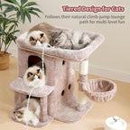 Heybly 26.3" Cat Tree for Large Cats with Big Perch & Dual Condos HCT204SMU | 26.3-inch Spacious Cat Tower with Scratching Posts, Stair-Style Cat House Furniture with Cozy Basket & Pompom, Rosy Brown