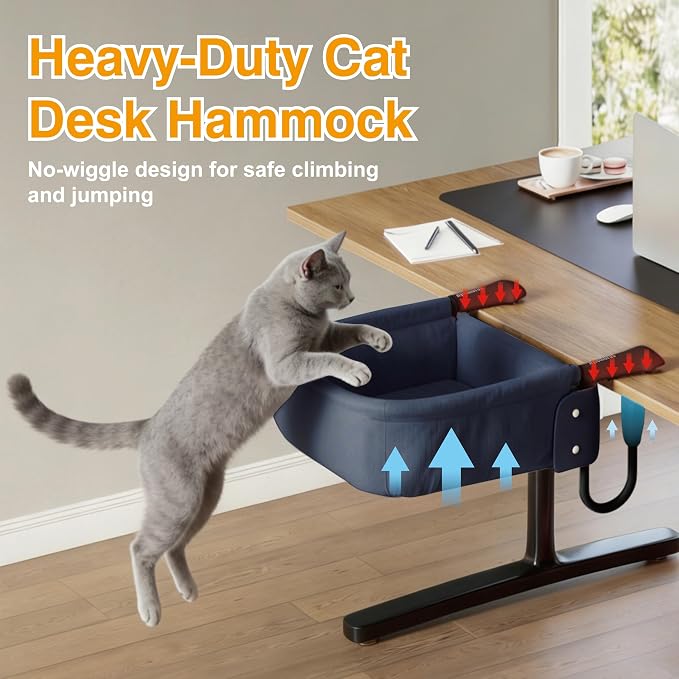 Extra-Sturdy Cat Desk Bed for Large Cats 50lbs Desk Cat Bed Attachment | for Desktop under 3", Heavy Duty, Paw Design, Waterproof, Dual-Sided Mat, Easy Assembly for Gaming Desk & Kitchen Island