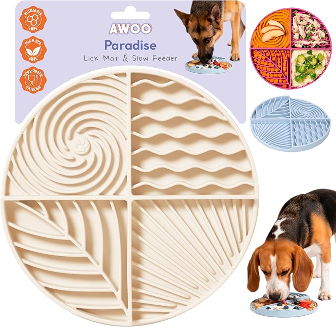 Paradise - Dog Lick Mat for Slow Feeding & Anxiety - Non-Slip Silicone Slow Feeder with Suction Cups - Dishwasher Safe Pet Dish for Grooming, Training, and Boredom Relief (Almond)