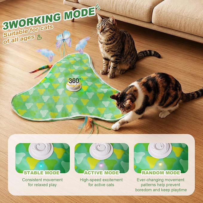 Interactive Cat Toy Mat for Indoor Cats, Rechargeable Hide & Seek Cat Toy with Moving Hidden Feathers& Fluttering Butterfly, Touch Activated Automatic for Bored Cats, Kittens & Adult Cats