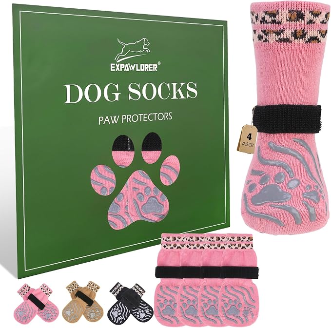EXPAWLORER Dog Socks for Hot Pavement to Prevent Licking Paws, Non-Slip Dog Grippy Booties Shoes for Hardwood Floors, Traction Control Boots & Paw Protectors for Small Medium Large Senior Dogs Pink L