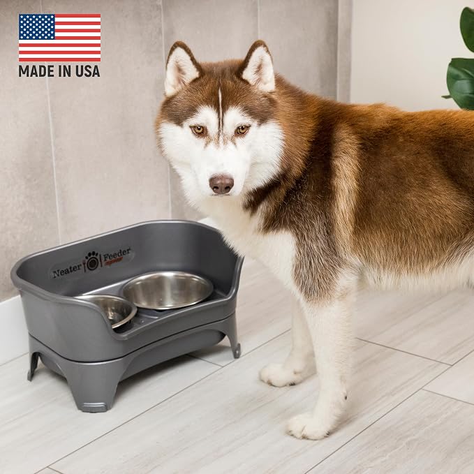 Neater Feeder Express Mess Proof Dog Bowls Elevated for Medium to Large Sized Breed, No Spill Raised Dog Food Bowl Stand, Stainless Steel Food and Water Bowl Set, Pet Dish Feeding Station, Grey