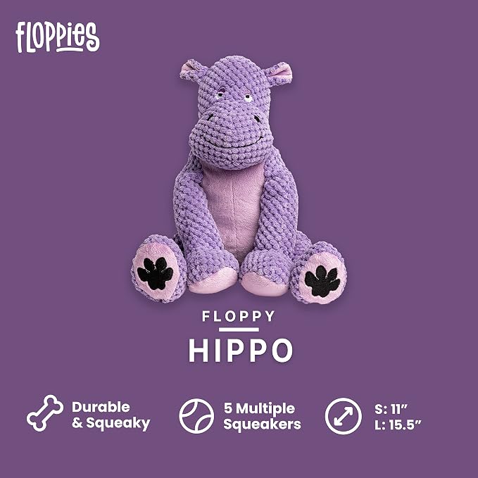 fabdog Floppies Plush Dog Toy - Cute & Durable Squeaky Dog Toys - Best Squeak Toy for Puppies and All Breeds | Ideal Pet Gift| Large Hippo