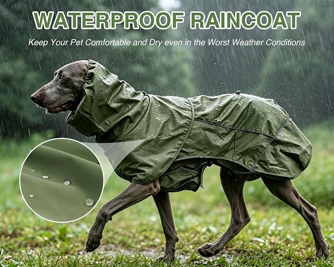 Skmeditec Dog Raincoat with Hood, Waterproof Puppy Rain Coat, Windproof Breathable Jacket with Mesh Lining, Outdoor Hiking Shell Coat for Extra Large Sized Dogs (Green, 3XL)
