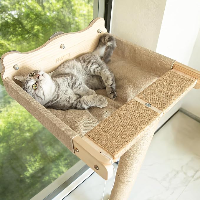 46" Tall Cat Scratching Post with Window Perch | Natural Linen Mat, 3-Piece Detachable Sisal Posts, Drill-Free Suction Cup Mount, Elevated Privacy Hammock, 45 LBS Capacity