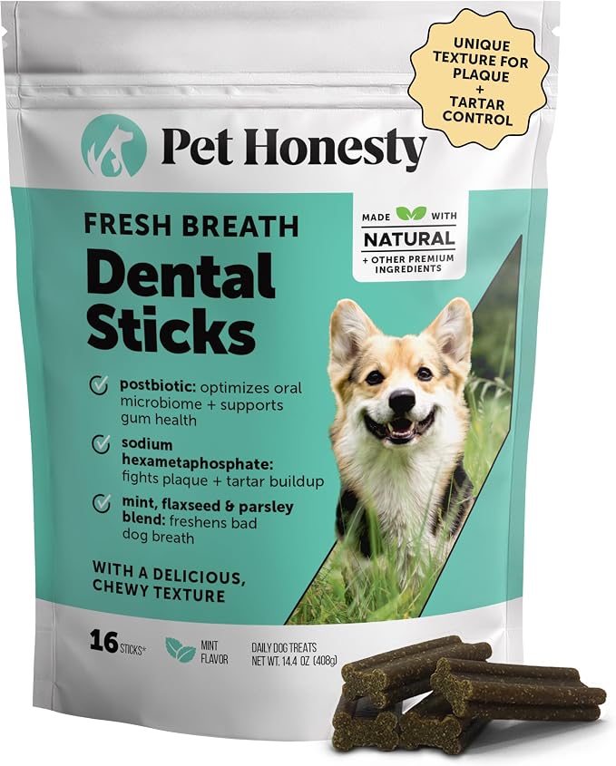 Dog Dental Treats Fresh Breath Sticks - Plaque and Tartar Remover for Dogs Teeth Cleaning Chews for Bright Teeth - Dog Dental Sticks for Oral Care, Gum Health + Bad Breath Treatment (Mint, 16 Ct)