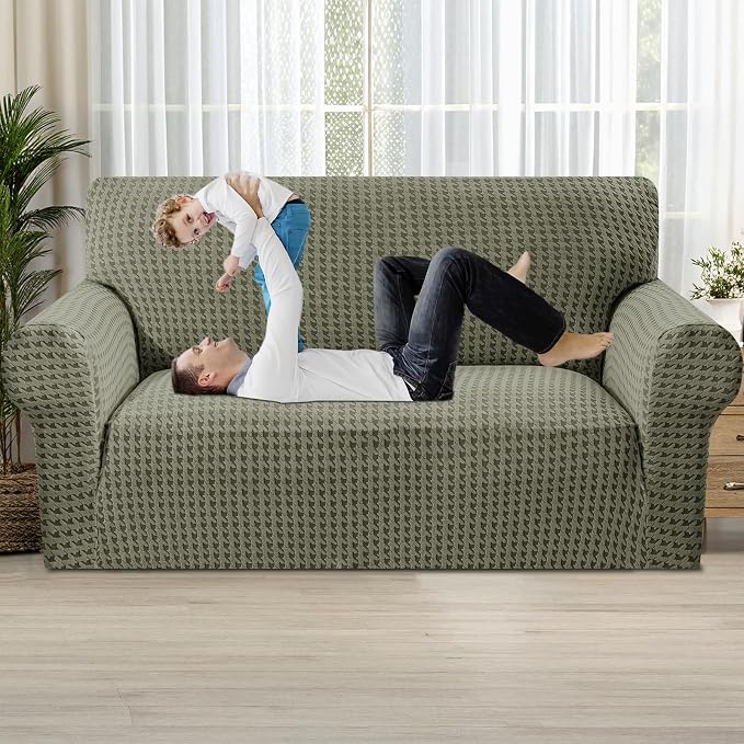 MAXIJIN Stretch Loveseat Couch Cover for 2 Cushion Couch (55"-69" Washable Sofa Slipcovers with Non-Slip Foam & Elastic Strap, Dog Cat Pet Friendly Furniture Protector (Medium, Army Green)