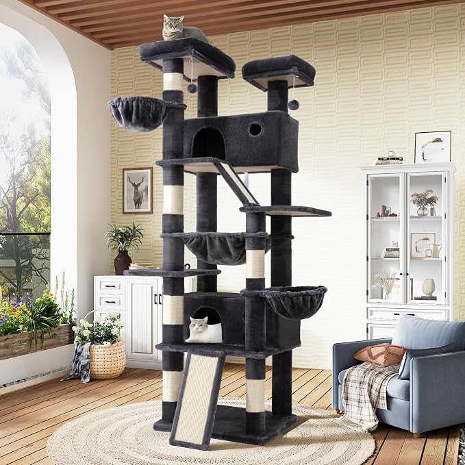 SHA CERLIN 81in Multi-Level Tall Cat Tree Tower for Indoor Kitties/Larger Cat Condo Furniture with Hammock/Cozy Pussycat Perches/Sisal Scratching Posts/Pet House/Wide Base/Dark Grey