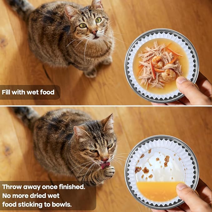 Bulk Disposable Cat Bowls Set (300 Pcs Cat Food Bowl Liners + 2 Pcs Stainless Steel Pet Bowls) Small Paper Bowls for Puppies, Kittens, Small Dogs and Cats, Ideal for Dry and Wet Food (White, Classic)