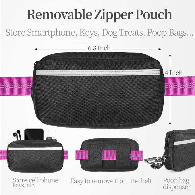 iYoShop Hands Free Dog Leash with Zipper Pouch, Dual Padded Handles and Durable Bungee for Walking, Jogging and Running Your Dog (Large, 25-120 lbs, Very Berry)