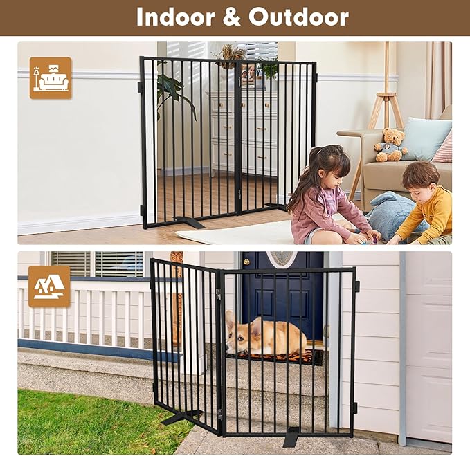 Full Metal Freestanding Dog Gates 2 Panels 32" Tall Up to 48" Wide | Heavy Duty Dog Fence for Indoor & Outdoor, Free Standing Dog Gate No Drilling Pet Barrier for Doorways, Stairs, Deck,Yard