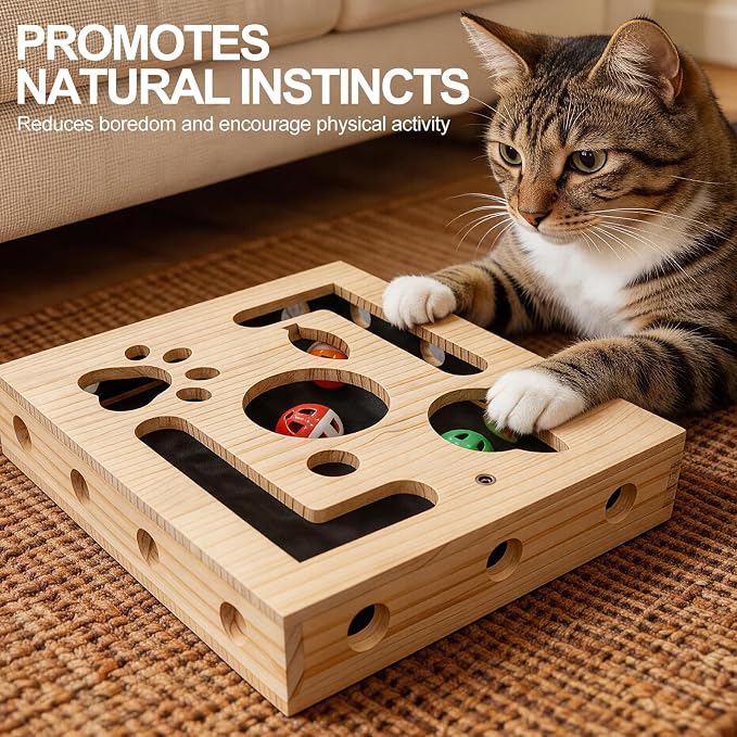 Cat Scratch Puzzle Box for Indoor Cats, Wooden Cat Enrichment Toy | Cat Toys for Indoor Cats Cat Nail File Box with Interactive Cat Toys & Sandpaper Inside