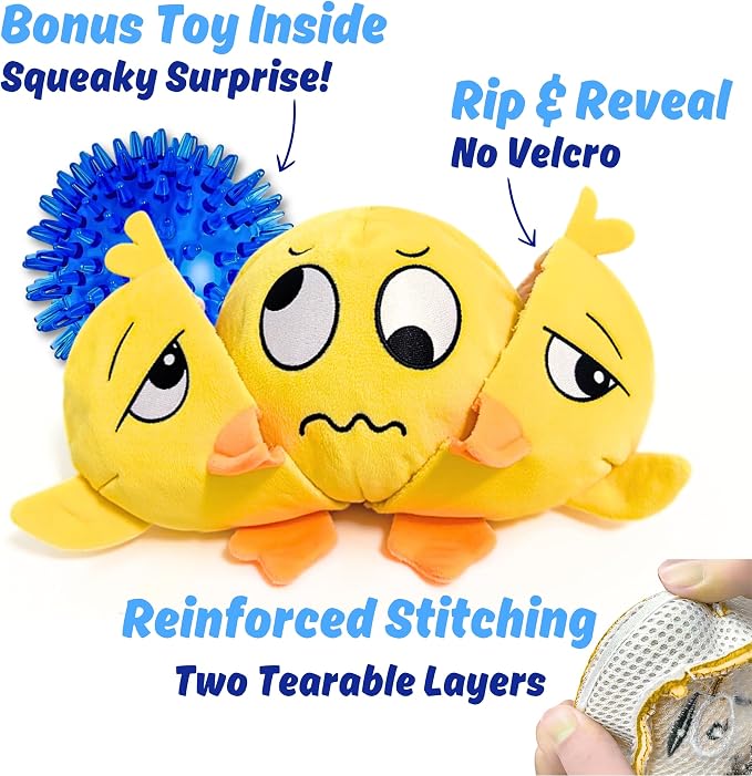 Ducky 3 in 1 Plush Duck Dog Chew Toy with Squeaky Ball Inside for Aggressive Chewers, Super Interactive, No Stuffing, Strong Tough Heavy Durable, Birthday Gift Box for Small & Large Breeds