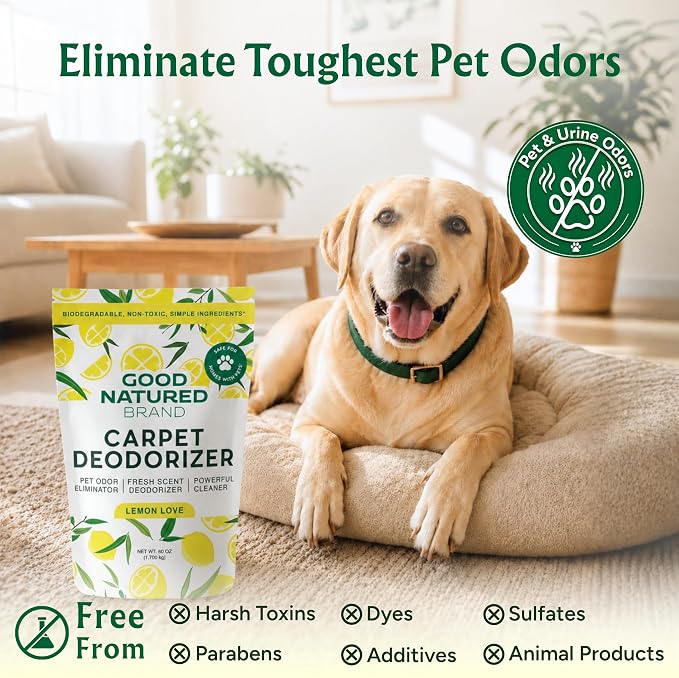 Good Natured Brand | Carpet Deodorizer & Freshener Powder | 60 oz Pet Odor Eliminator for Strong Odor & Pet Urine | Fresh Natural Lemon Love | Safe for Homes with Pets