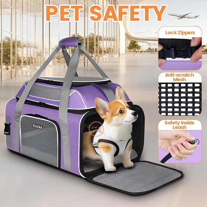 Petskd Top and Side Expandable Pet Carrier Airline Approved, Purple | 19"L x 13"W x 9"H, for Southwest Allegiant Airlines, Lockable Safety Zippers and Anti-Scratch Mesh, Pets Under 12 lbs