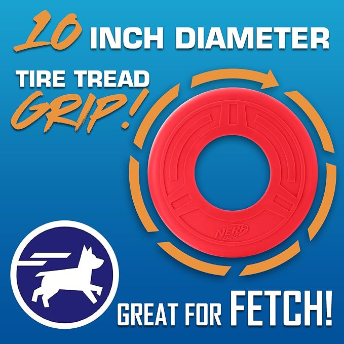 Nerf Dog Atomic Flyer Outdoor Dog Toy, 10 Inch Flying Disc Dog Fetch Toy, Rubber Dog Toy for Medium Dogs and Large Dogs, Red