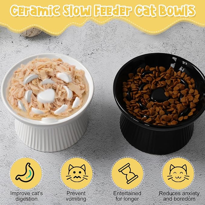 Tioncy 2 Pcs Ceramic Elevated Slow Feeder Cat Bowl, Raised Cat Slow Feeder Bowl, Anti Vomiting for Dry and Wet Food, No Spill High Edge Easy Clean Dishwasher Safe (Black,White)