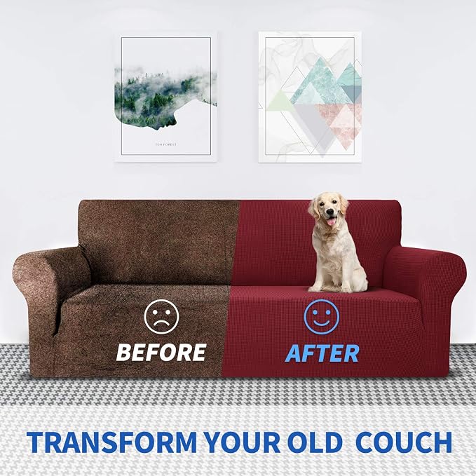 MAXIJIN Super Stretch Couch Cover for 3 Cushion Couch, 1-Piece Universal Sofa Covers Living Room Jacquard Spandex Furniture Protector Dogs Pet Friendly Fitted (Extra Large, Wine Red)
