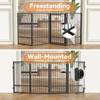SNUOWU Full Metal Freestanding Dog Gate with Door, 36''Height Foldable Pet Dog Fence for Indoor & Outdoor, 4 Panels Extra Wide Free Standing TallDog Gates for Doorways,House,Stairs,Porch,Deck,Yard