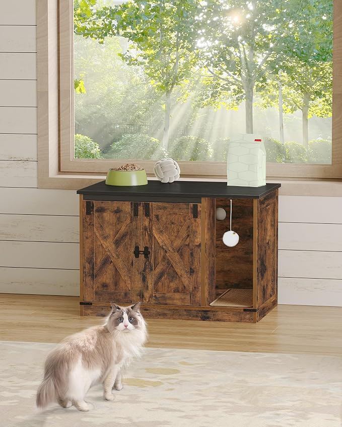 Hzuaneri Cat Litter Box Enclosure, Hidden Litter Box Cabinet Furniture | Indoor Cat House with Bell, Farmhouse Style, 31.5 x 19.7 x 20.9 Inches, for Hallway, Bedroom, Rustic Brown and Black CB82401X