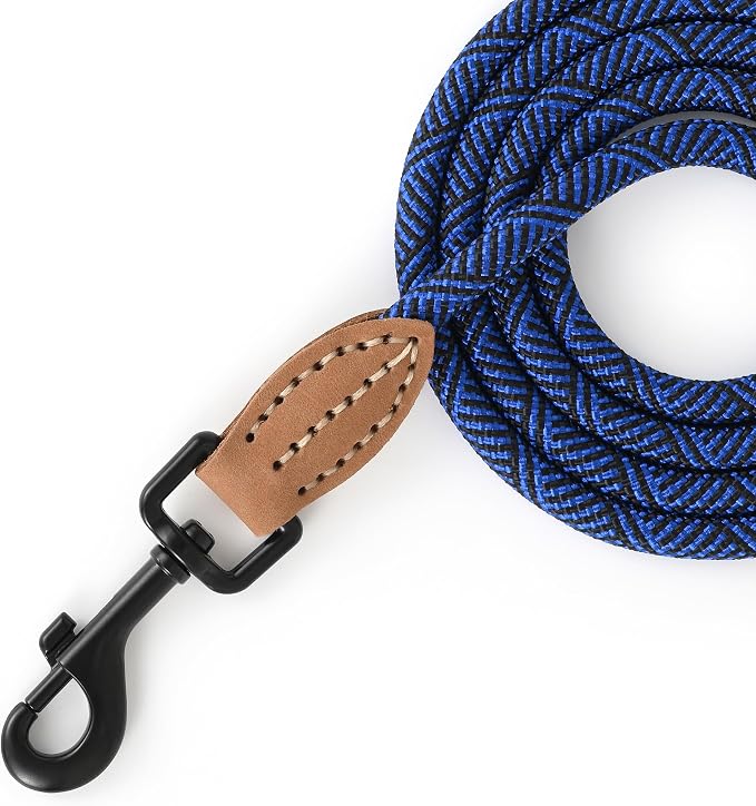 Mile High Life Thin Small Dog Leash with Genuine Leather Connection | Rope Leash, Heavy Duty 360° Swivel Metal Clasp, for Small Medium & Large Dogs (Blue, 72 Inch)