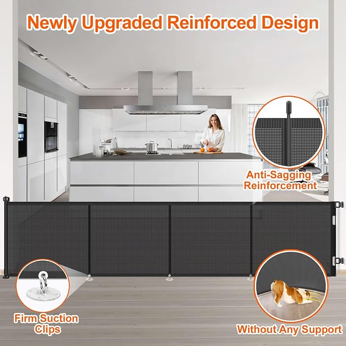 EZIGO 180 Inch Retractable Baby Gates, 41 Inch Extra Tall Retractable Gate | Reinforced Retractable Dog Gate with Rods, 15 FT Extra Long Mesh Pet Gate for Stairs Hallways Doorway Indoor Outdoor, Black