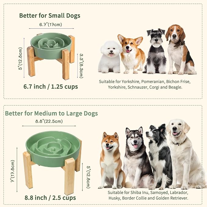 Elevated Slow Feeder Dog Bowl, 8.8" Ceramic Maze Dog Bowl with Stand | 3.2 Cups Slow Feeding Dog Dish for Fast Eaters, 7" Tall Anti-Slip Raised Slow Feeder for Medium to Large Breeds, Green