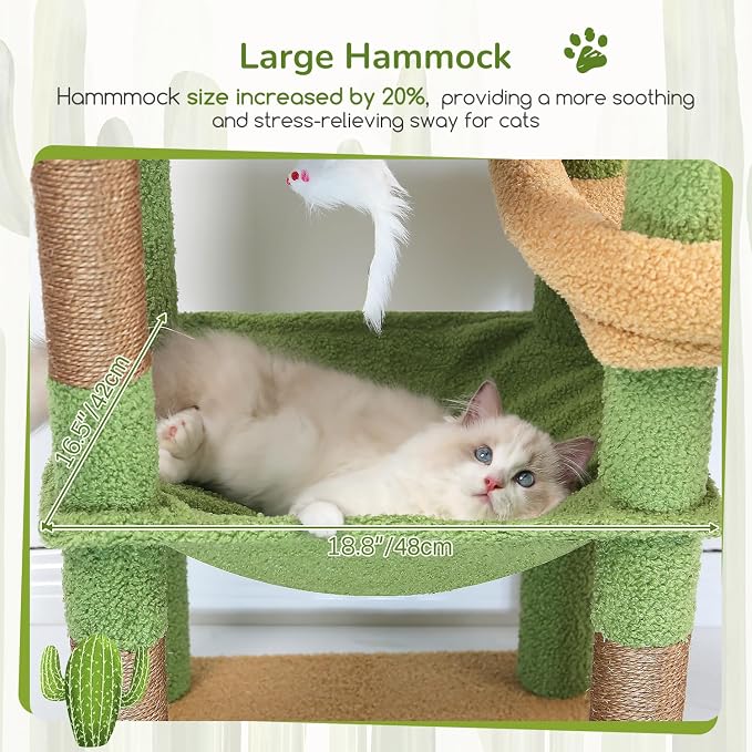 Globlazer Extra Large Platform Cactus Cat Tree, 65in Sturdy Cat Tree for Multiple Indoor Cats Large Adult, Big Cat Tower with 3 Padded Perches, 6 Scratching Posts, Spacious Condo, Hammock, S65, Green