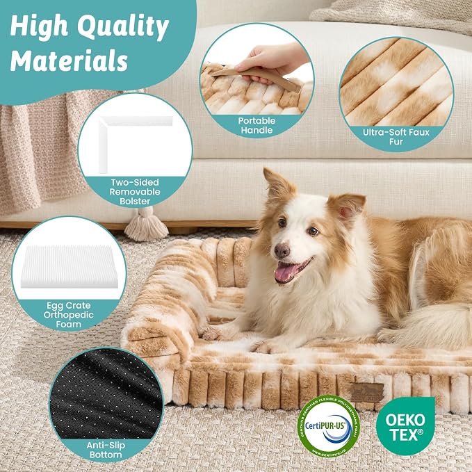 COZY KISS Faux Rabbit Fur Extra Large Dog Bed – 48"x35" Orthopedic Foam Couch with Sides, Removable Washable Cover & Waterproof Lining, Grey