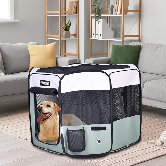 JESPET 61" Pet Dog Playpens, Portable Soft Dog Exercise Pen Kennel with Carry Bag for Puppy Cats Kittens Rabbits,Shale Green